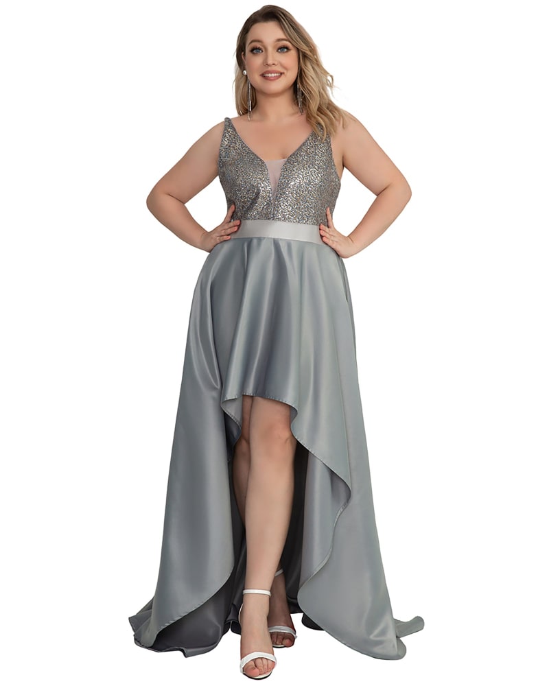 Front of a model wearing a size 12 Sparkly Bodice High Low Prom Dress in Grey by Ever-Pretty. | dia_product_style_image_id:291506